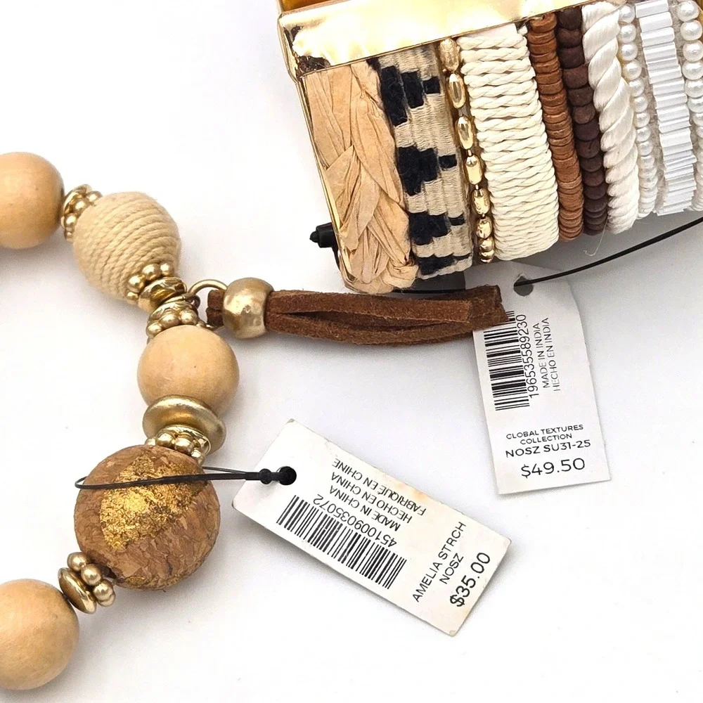 Chico's Global Textures Cuff & Amelia Stretch Tassel Bracelet Set NWT Gold Wood